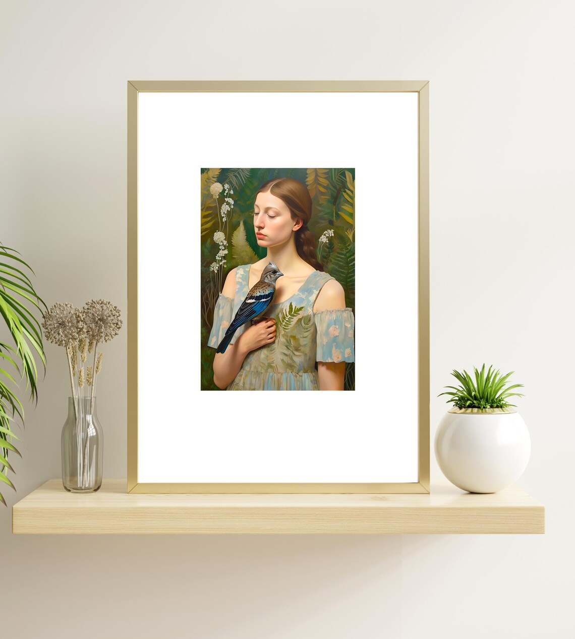 Woman With Blue Bird Fern Botanical Fine Art Portrait Poster - Image 4