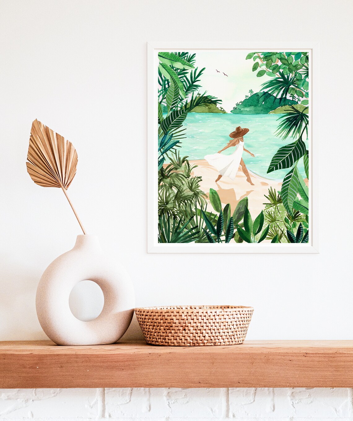 Beach Girl In White Dress Turquoise Ocean Palm Leaves Watercolor Print - Image 2