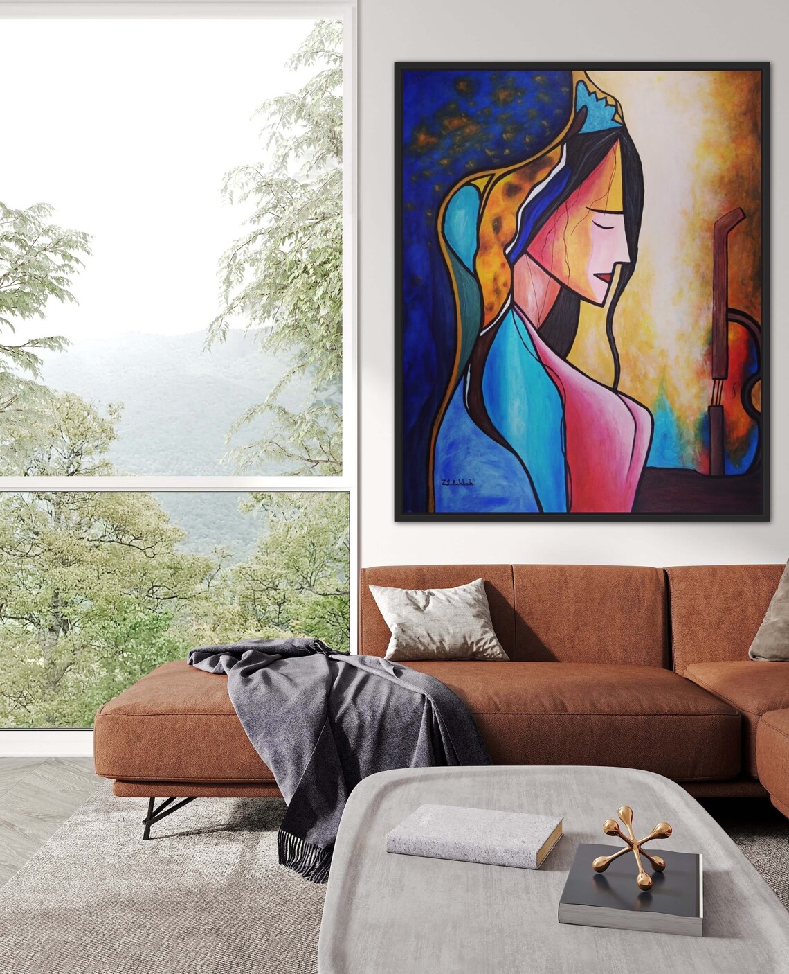 Cubist Colorful Woman Profile in Blue Yellow and Pink Poster - Image 4
