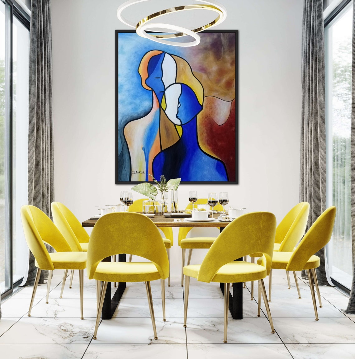 Modern Blue and Gold Two Profile Bust Abstract Portrait Poster - Image 4