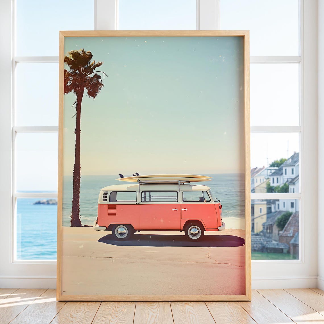 Coral VW Van With Surfboard At Beach Retro Summer Art Poster