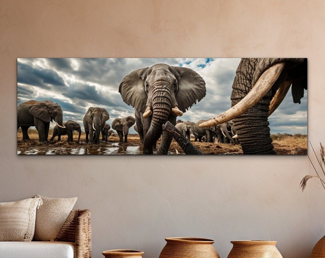 Panoramic African Elephant Herd Watering Hole Wildlife Wall Art