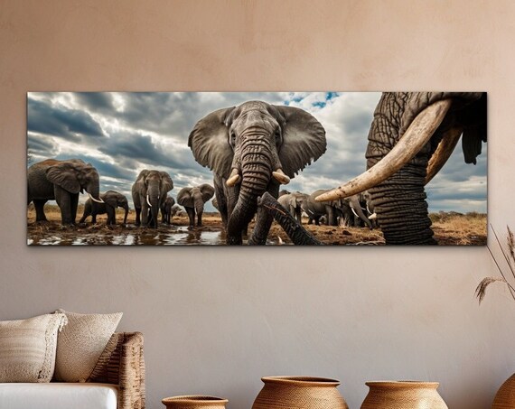 Panoramic African Elephant Herd Watering Hole Wildlife Wall Art