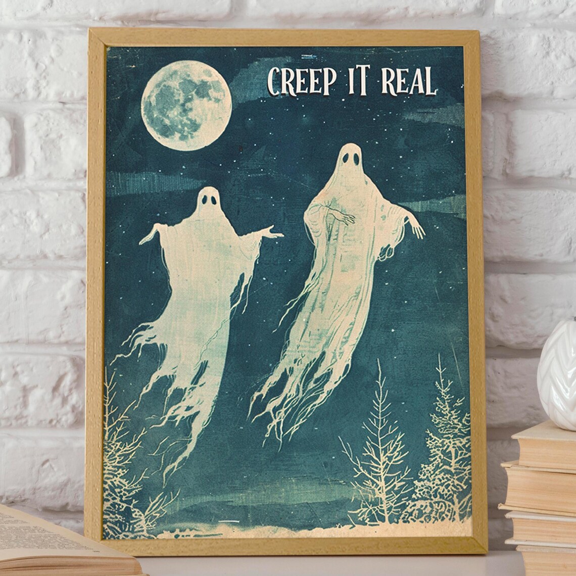 Creep It Real Retro Ghosts Full Moon Vintage Halloween Art Poster - Image 2
