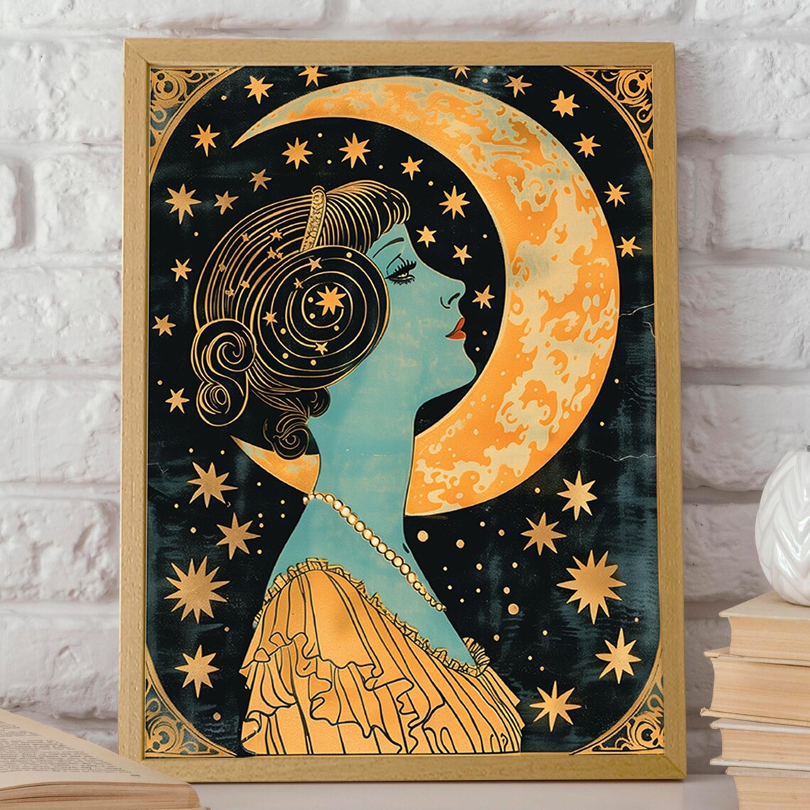 Moonlit Woman Gazing At Crescent Moon Stars Art Nouveau Poster - Image 2