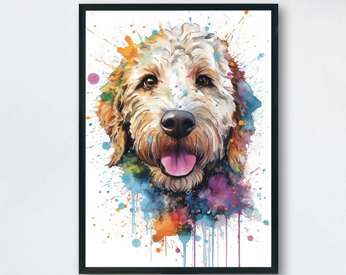White Doodle Dog Portrait With Tongue Out Colorful Paint Splash Poster