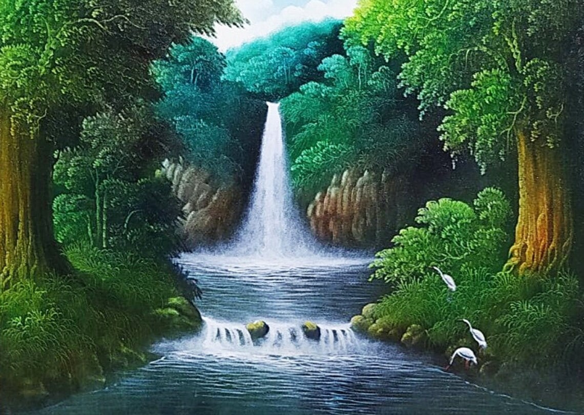 Waterfall Painting With Natural Nuance And Trees - Image 3