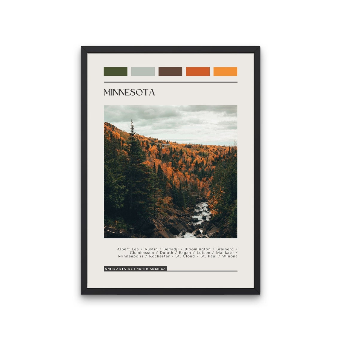 Minnesota Autumn Forest Waterfall Travel Poster Color Block Gift