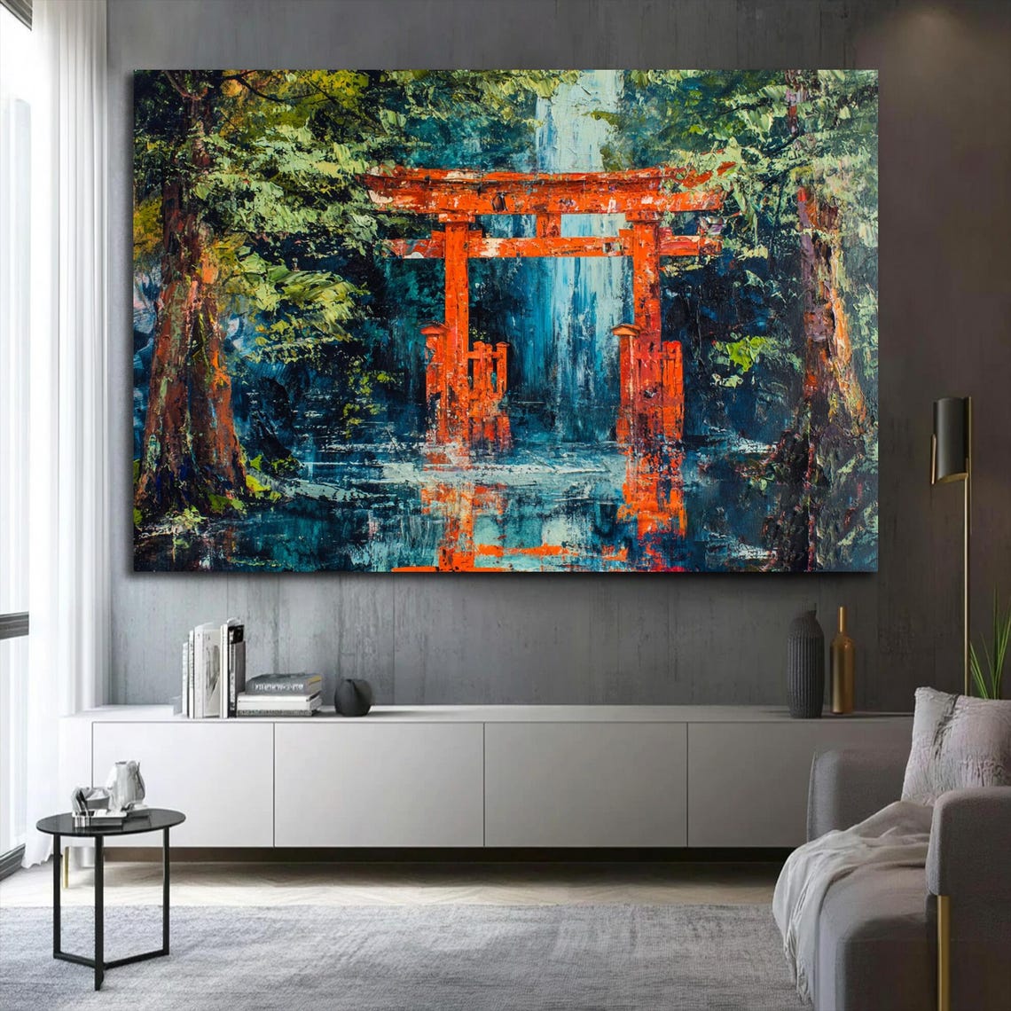 Red Torii Gate Forest Shrine Waterfall Impressionist Art Poster - Image 2