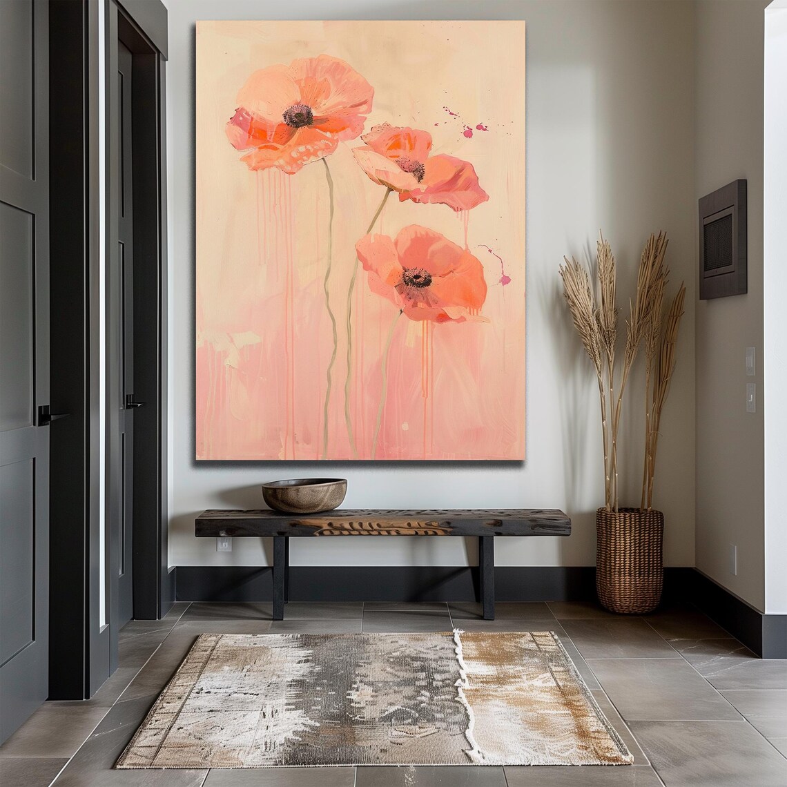 Blush Pink Poppy Trio Soft Watercolor Floral Botanical Wall Print - Image 3