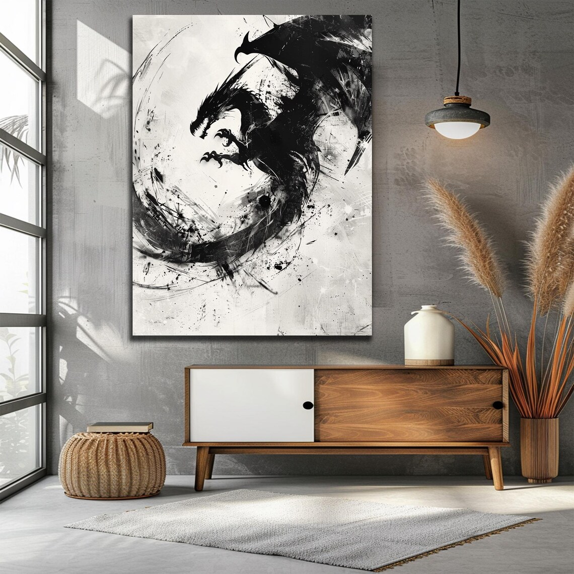 Black Dragon Coiling Through Ink Splash Japanese Style Fantasy Wall Art - Image 2