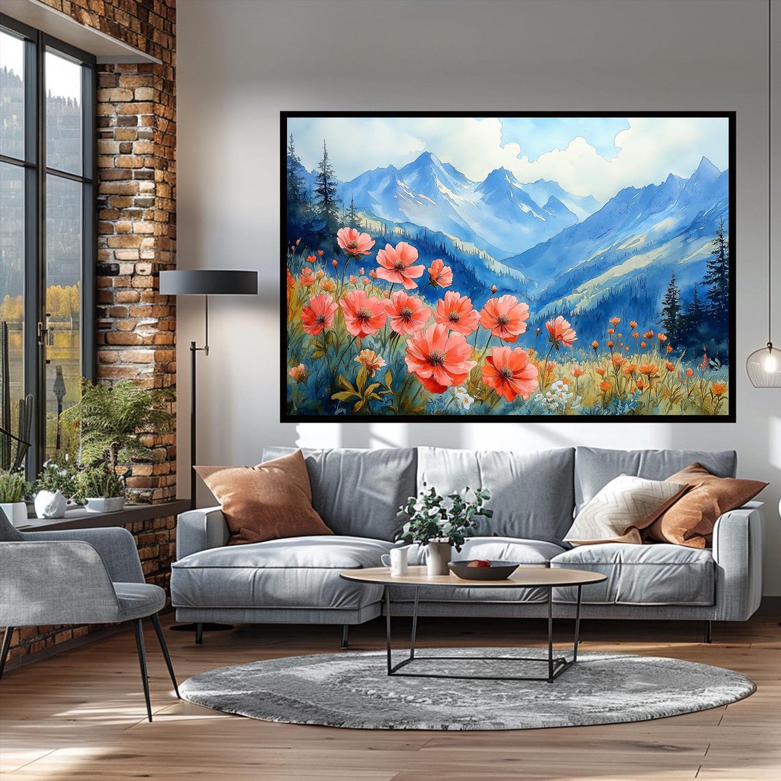 Coral Poppies Alpine Meadow Watercolor Blue Snowy Peaks Spring Poster - Image 3