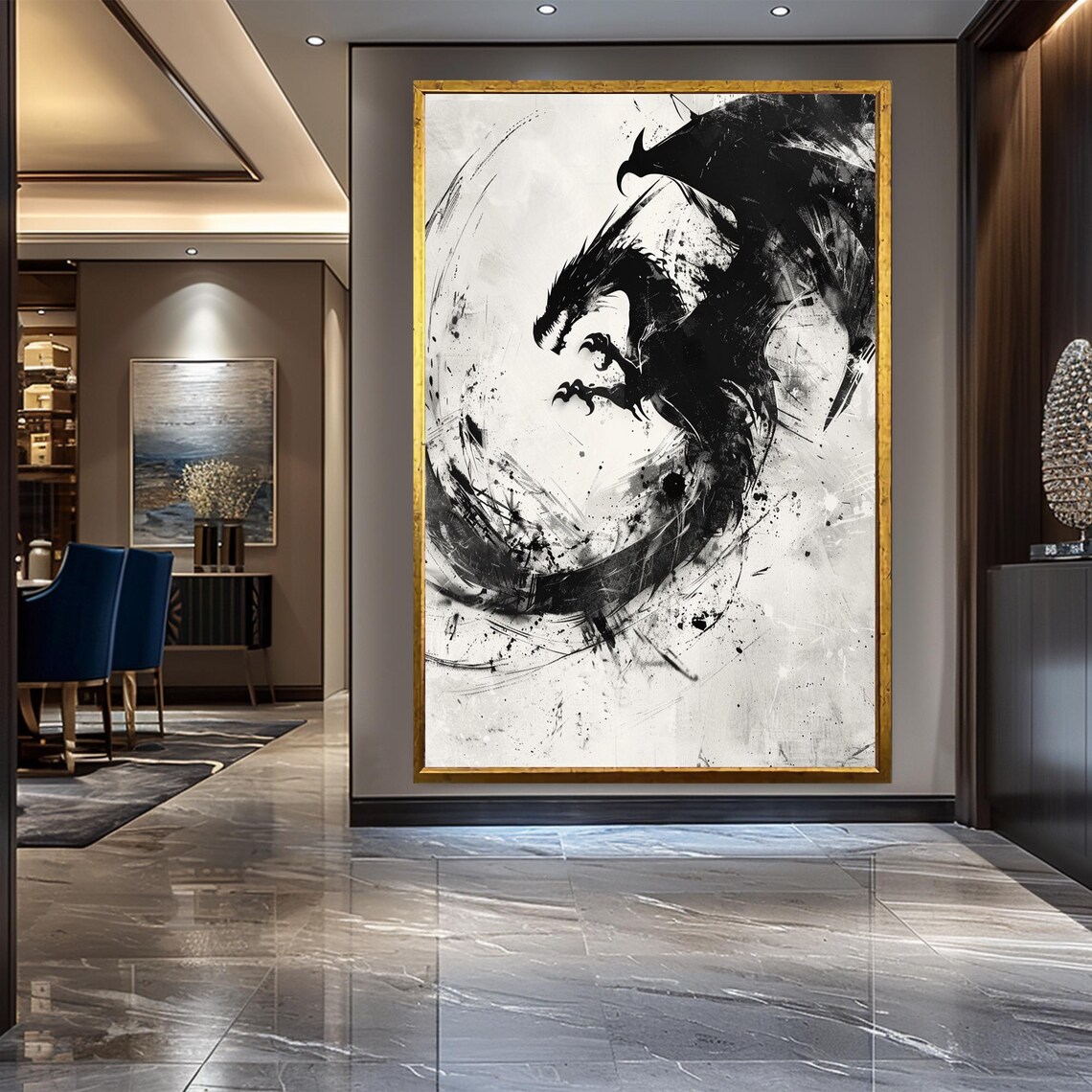 Black Dragon Coiling Through Ink Splash Japanese Style Fantasy Wall Art - Image 3