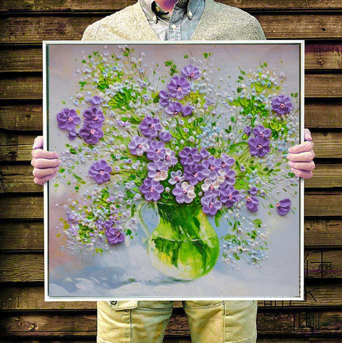 Original Art 3d Blooming Green White Purple Flowers Oil Painting On Living Room Wall Art Palette Knife Painting Textured Wall Art