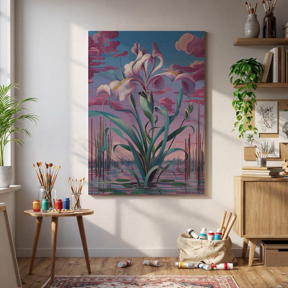 Surreal Iris Flower Wall Art Dreamy Pink Sunset Botanical Illustration Elegant Lake Landscape Canvas Print For Tranquil Spaces Home