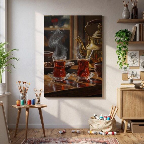 Steaming Turkish Tea Glasses Brass Kettle Still Life Kitchen Poster