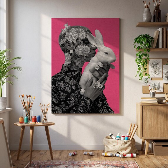 Floral Face With Rabbit Surreal Black And White Portrait Bold Pink Pop Whimsical Wall Art For Artistic Interiors
