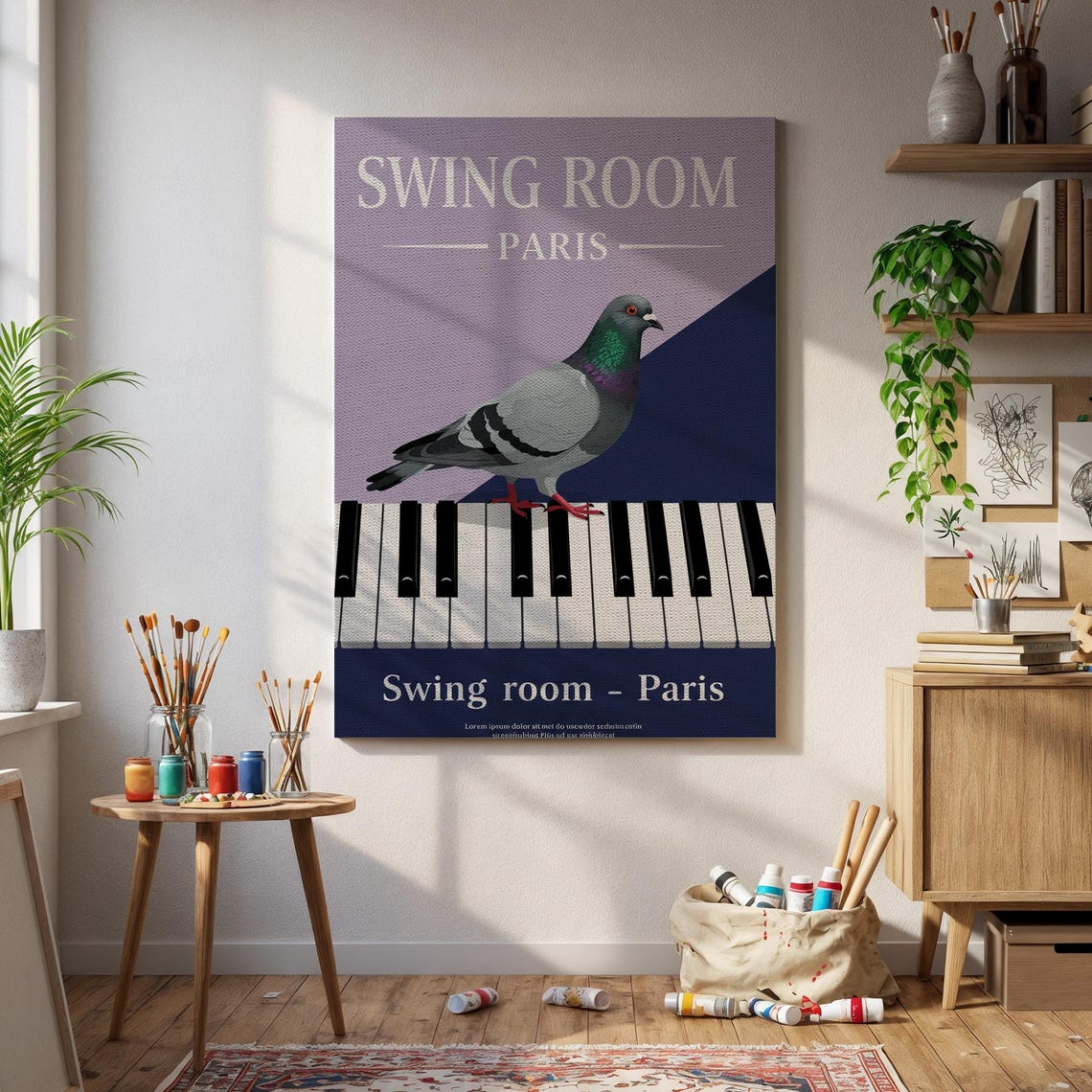 Swing Room Paris Jazz Pigeon Standing on Piano Keys Vintage Poster