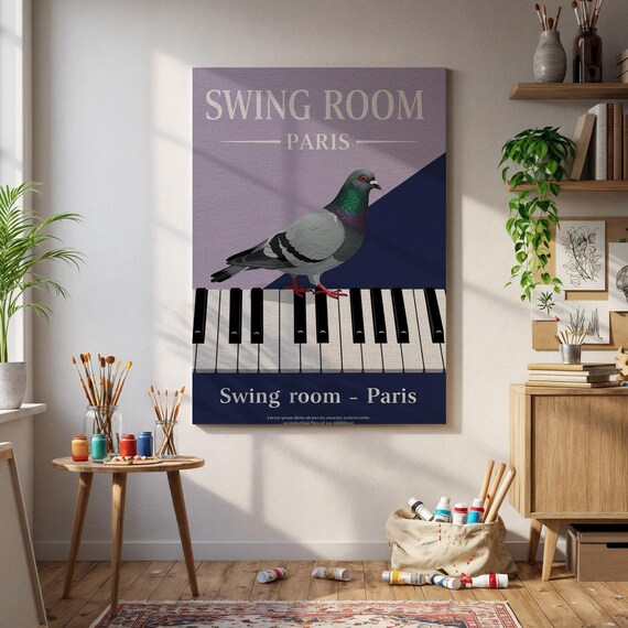 Swing Room Paris Jazz Pigeon Standing on Piano Keys Vintage Poster