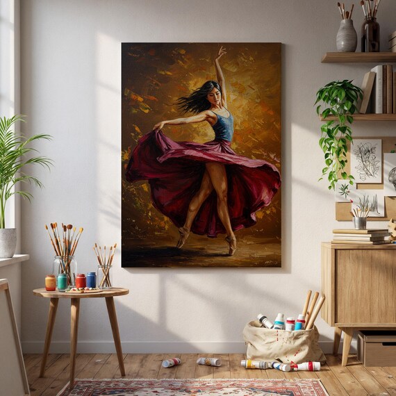 Dancing Woman Red Skirt Ballet Movement Golden Painting Art Poster