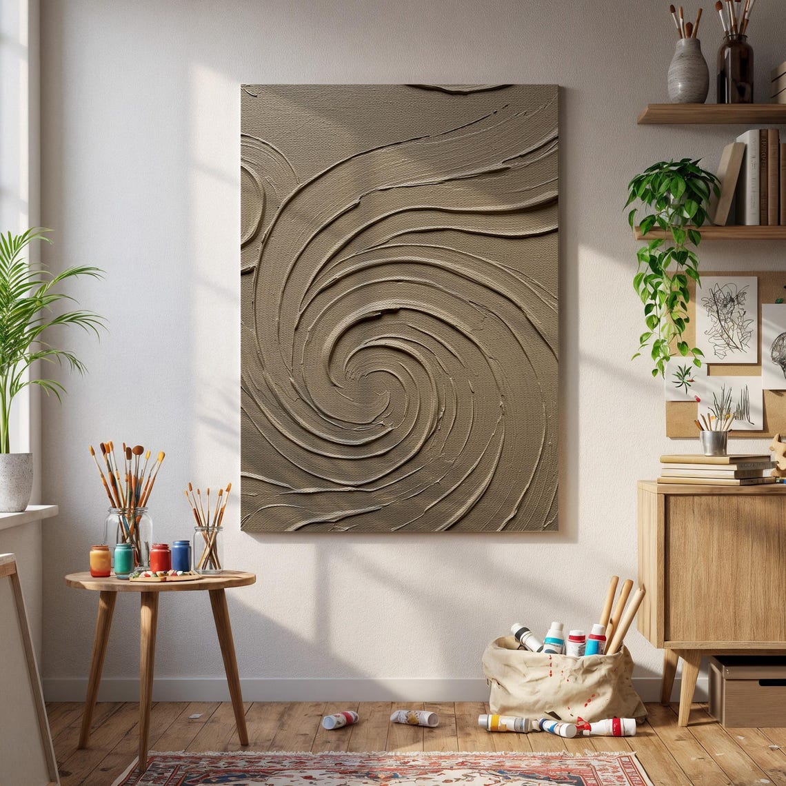 Beige Spiral Plaster Texture Neutral Abstract Minimal Swirl Poster