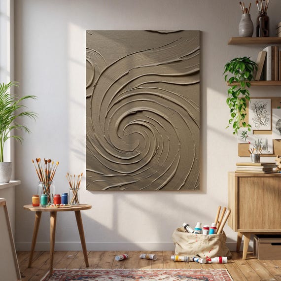 Framed Beige Spiral Texture Wall Art Neutral Abstract Canvas Print Minimal Plaster Swirl Painting For Modern Living Room Or Zen Interiors