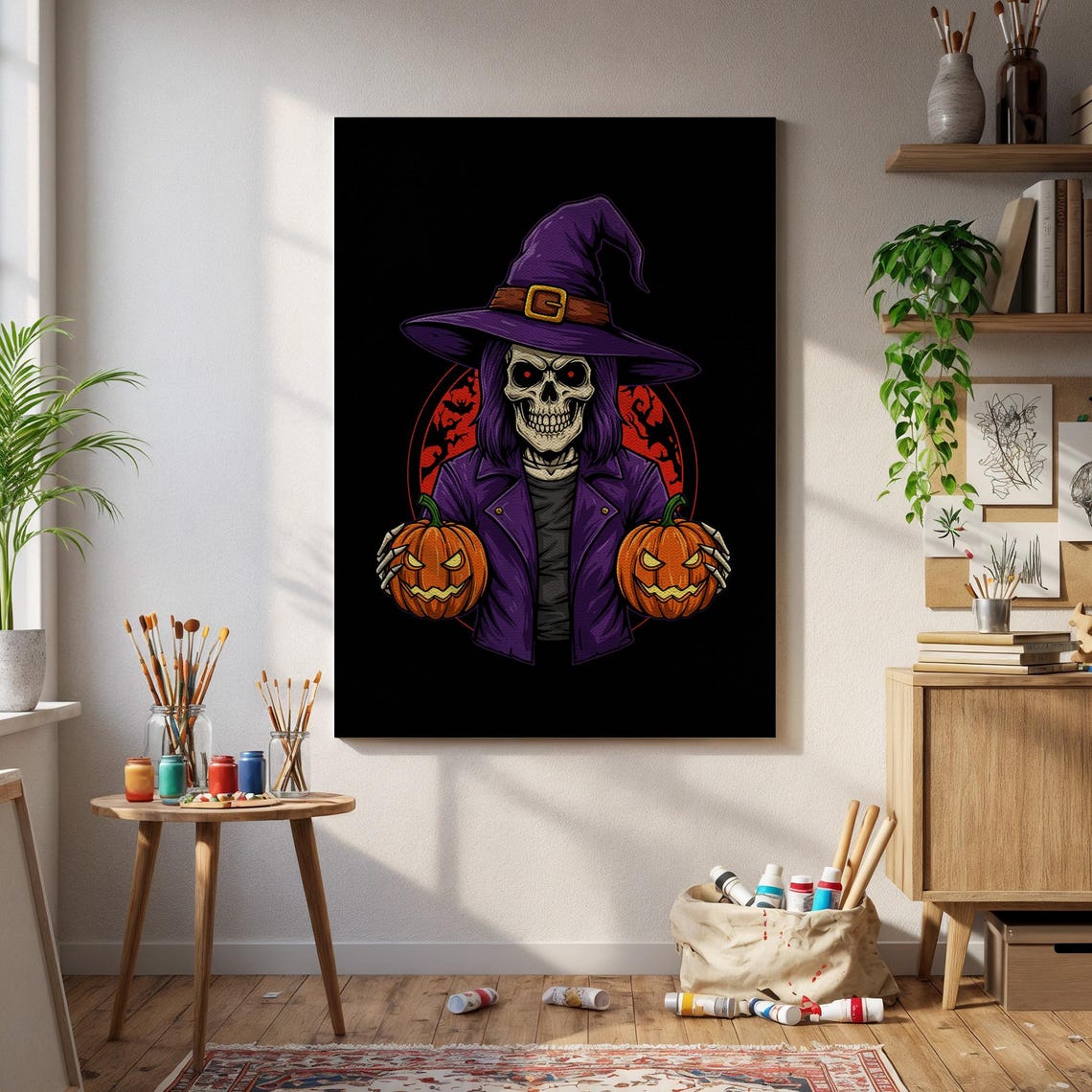 Halloween Skeleton Witch Canvas Art Pumpkin Skull Wall Decor Gothic Horror Print Dark Poster Spooky October Artwork Home