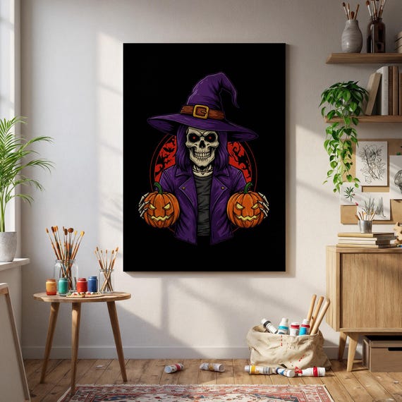 Halloween Skeleton Witch Canvas Art Pumpkin Skull Wall Decor Gothic Horror Print Dark Poster Spooky October Artwork Home