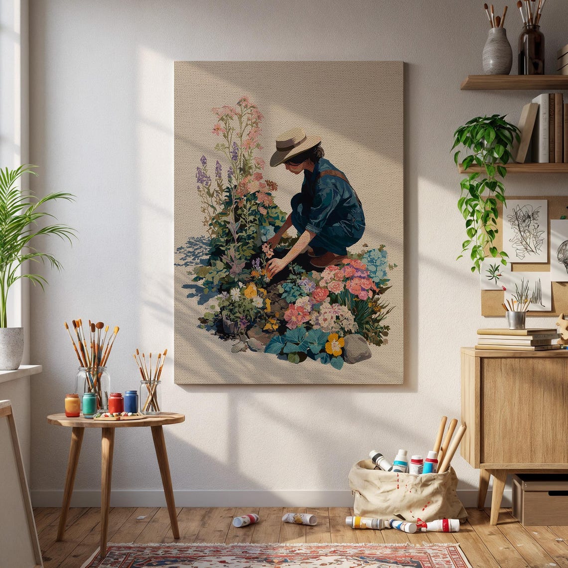 Vintage Gardener Woman In Hat Tending Flower Bed Rustic Art Poster