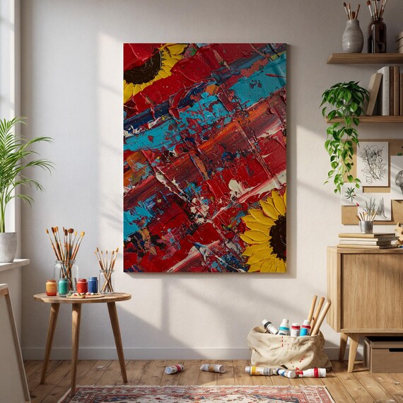 Framed Colorful Sunflower Abstract Canvas Bold Red Blue Textured Wall Art Vibrant Floral Painting For Kitchenstudio Or Boho Interiors