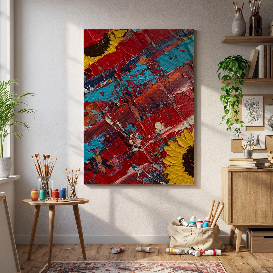 Framed Colorful Sunflower Abstract Canvas Bold Red Blue Textured Wall Art Vibrant Floral Painting For Kitchenstudio Or Boho Interiors