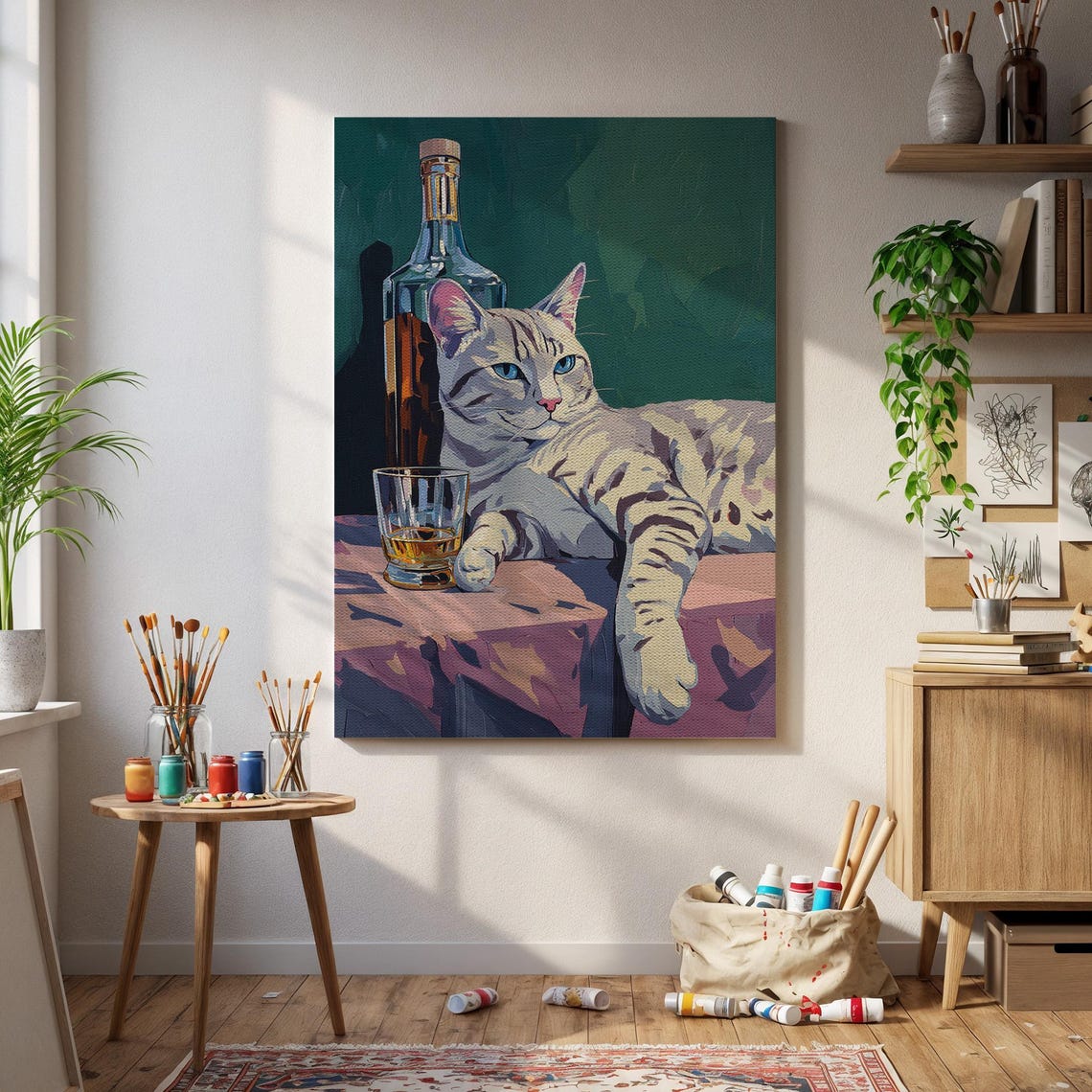 Whiskey Cat Silver Tabby Bar Still Life Cool Lounge Decor Poster