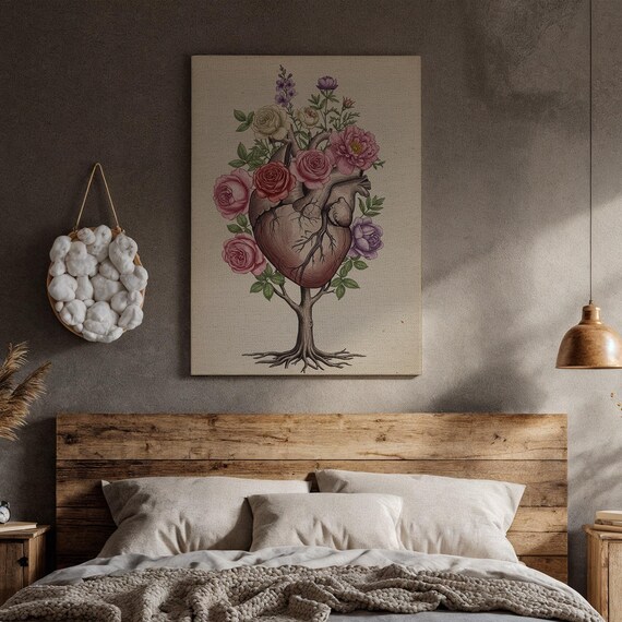 Anatomical Heart Floral Canvas Art Romantic Botanical Print With Roses And Roots Symbolic Love Wall Decor For Bedroom Or Gift Her