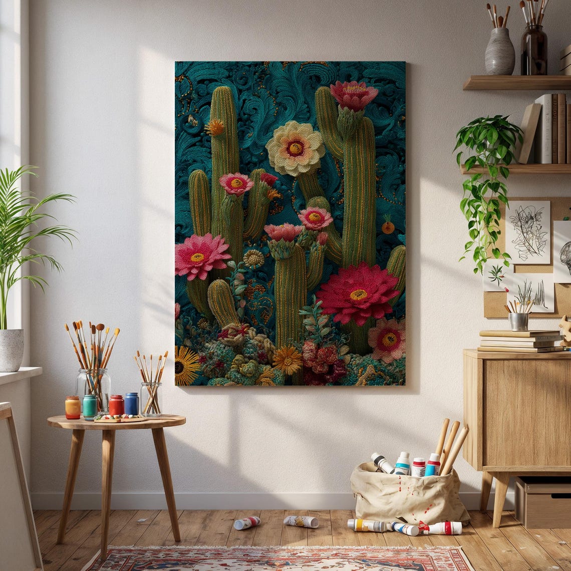 Blooming Cactus Garden Pink Flowers Teal Baroque Background Poster