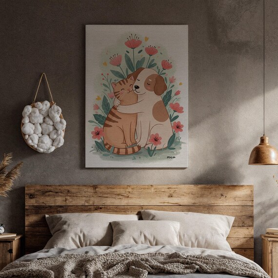 Cat And Dog Hugging Cartoon Cute Animal Friends Flower Poster