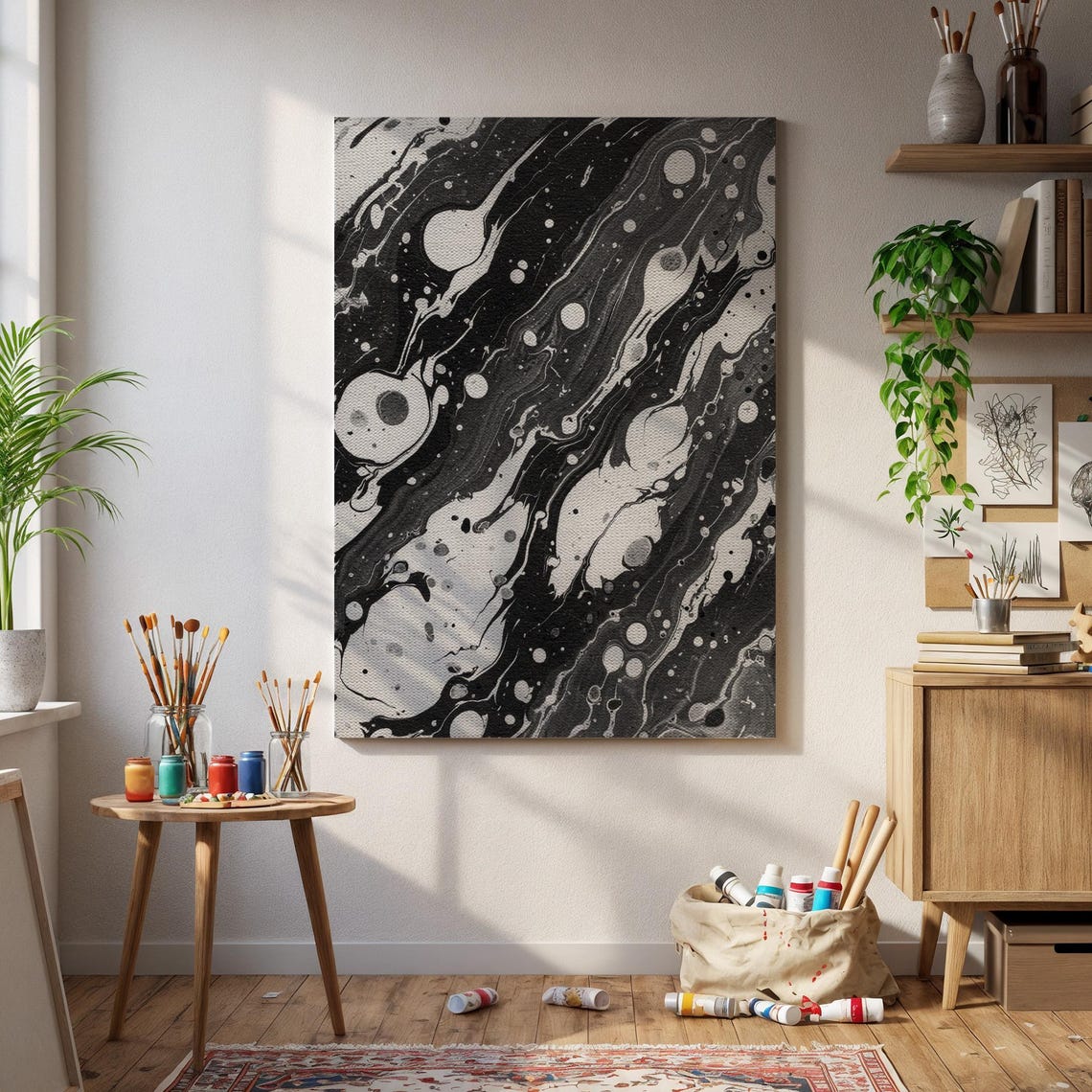 Striking Bold Black and White Marble Swirl Abstract Art Print