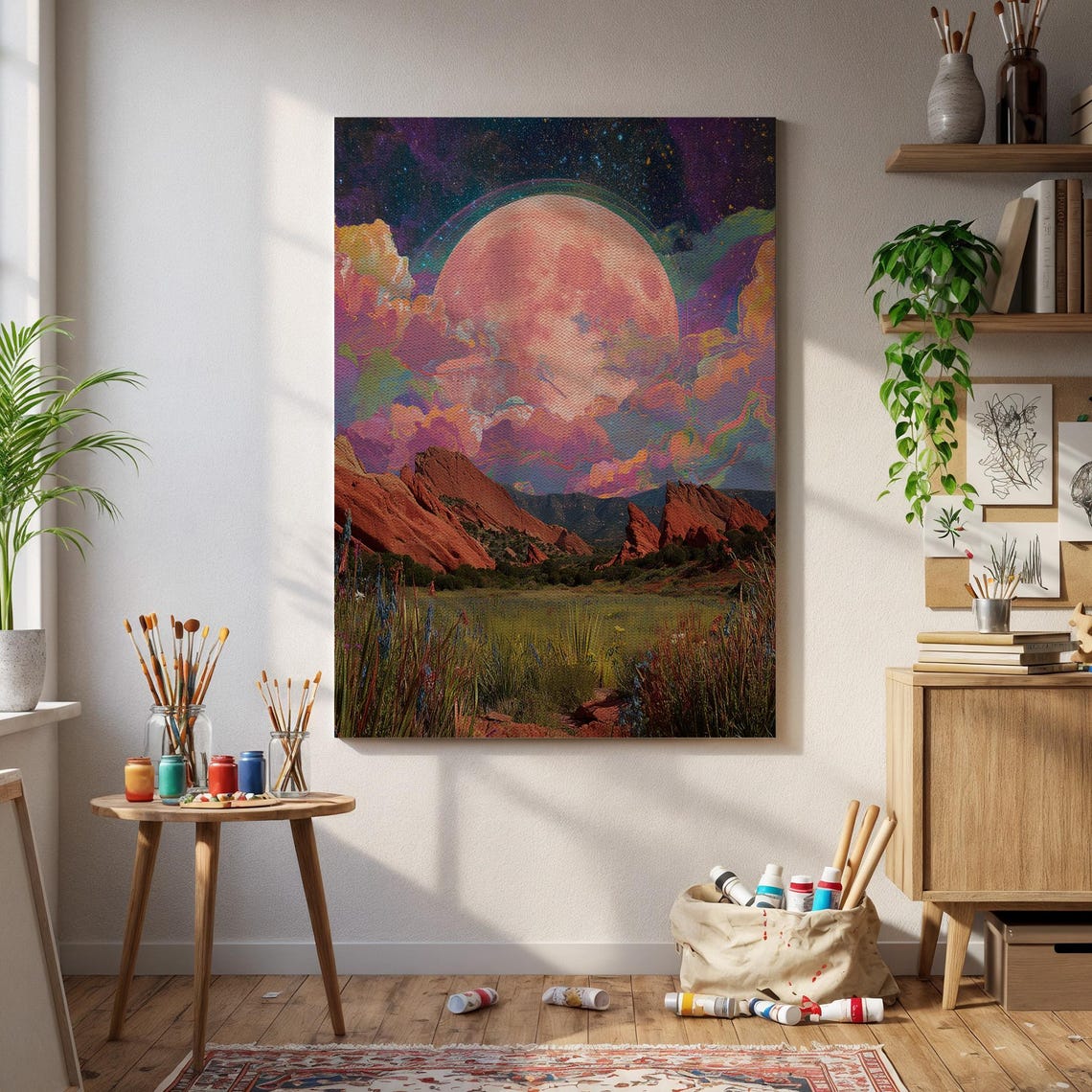Fantasy Giant Pink Moon Rising Over Red Rock Desert Canyon Poster