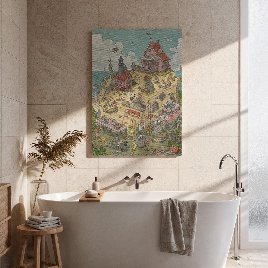 Whimsical Illustrated Seaside Village Island Lighthouse Map Poster