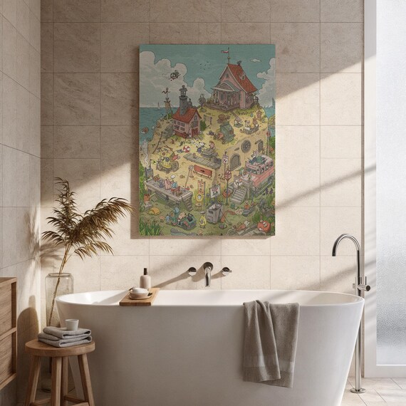Whimsical Illustrated Seaside Village Island Lighthouse Map Poster