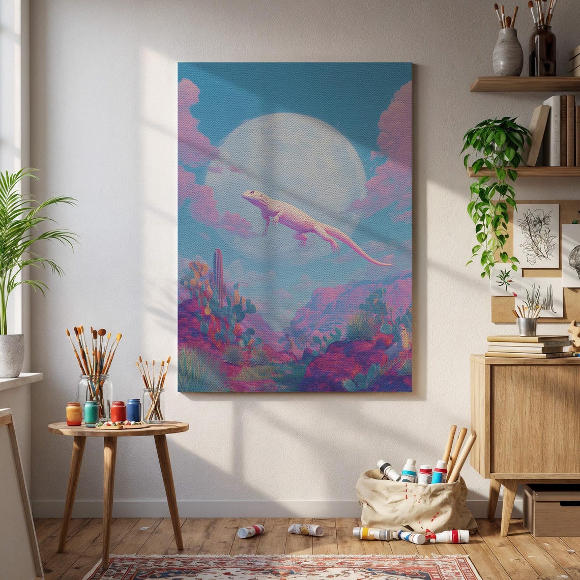 Surreal Flying Lizard Moon Desert Pastel Boho Fantasy Art Poster