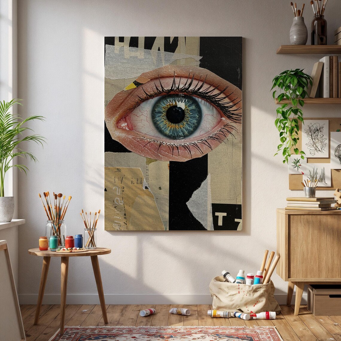 Surreal Blue Iris Human Eye Mixed Media Collage Style Art Poster