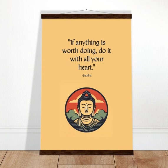 Buddha Poster With Wooden Hanger Minimalist Zen Inspirational Wall Art Do It With All Your Heart Goldenrod