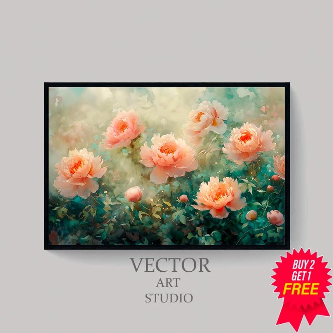 Soft Pink Peonies Teal Watercolor Spring Floral Garden Poster - Image 4