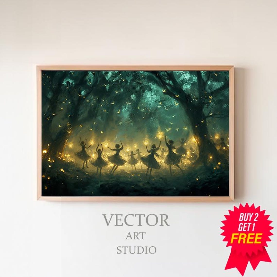 Silhouette Fairies Dancing in Glowing Forest Fireflies Fantasy Poster