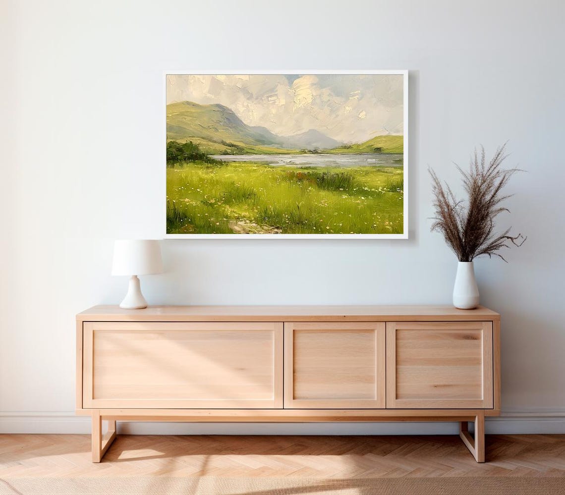 Sunlit Green Meadow Beside a Lake Impressionist Landscape Poster - Image 2