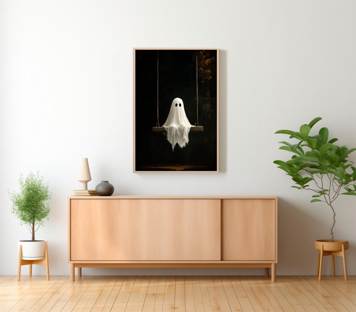 Adorable Sheet Ghost Sitting on a Swing in the Dark Night Poster - Image 2