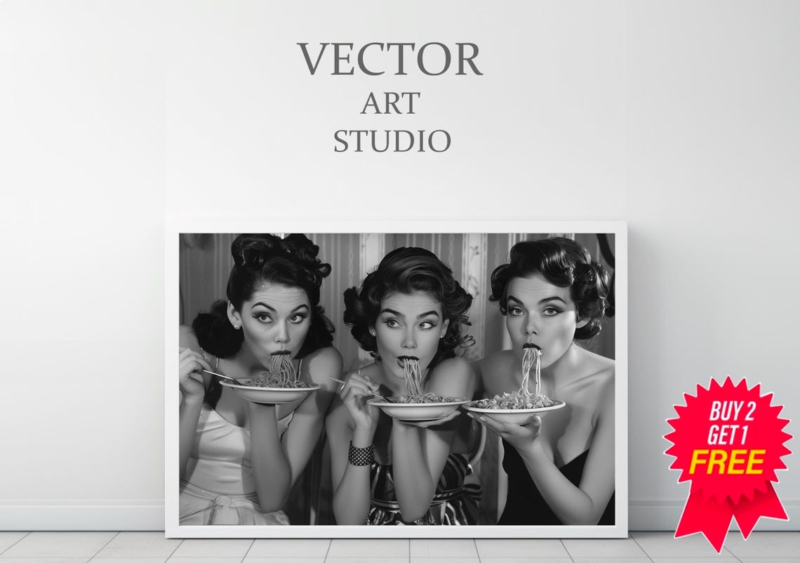 Three Women Eating Spaghetti Vintage Black White Photo Poster - Image 3