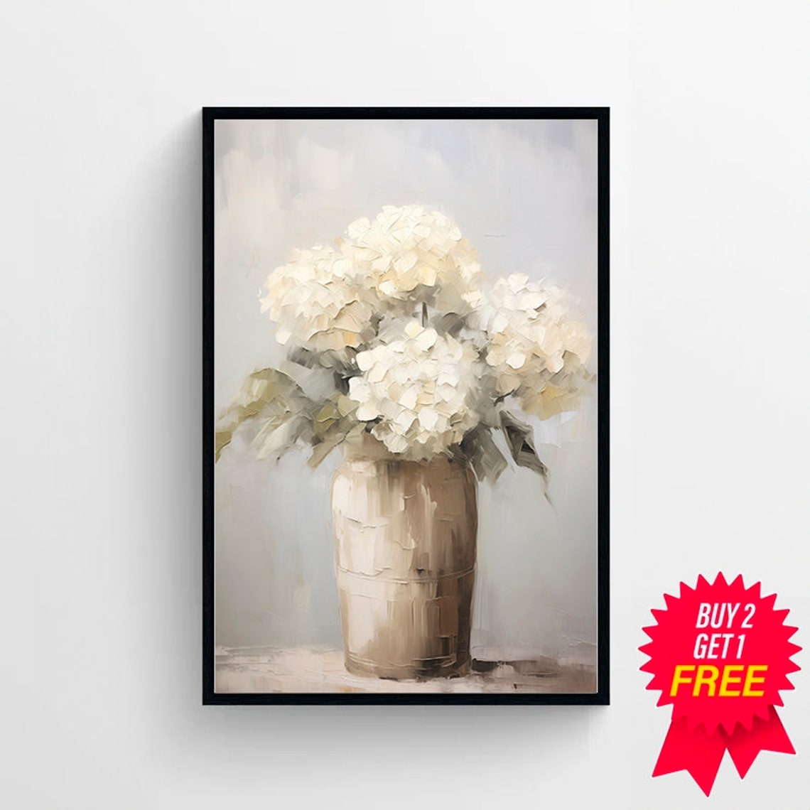 White Hydrangeas in a Ceramic Vase Soft Farmhouse Floral Poster - Image 4