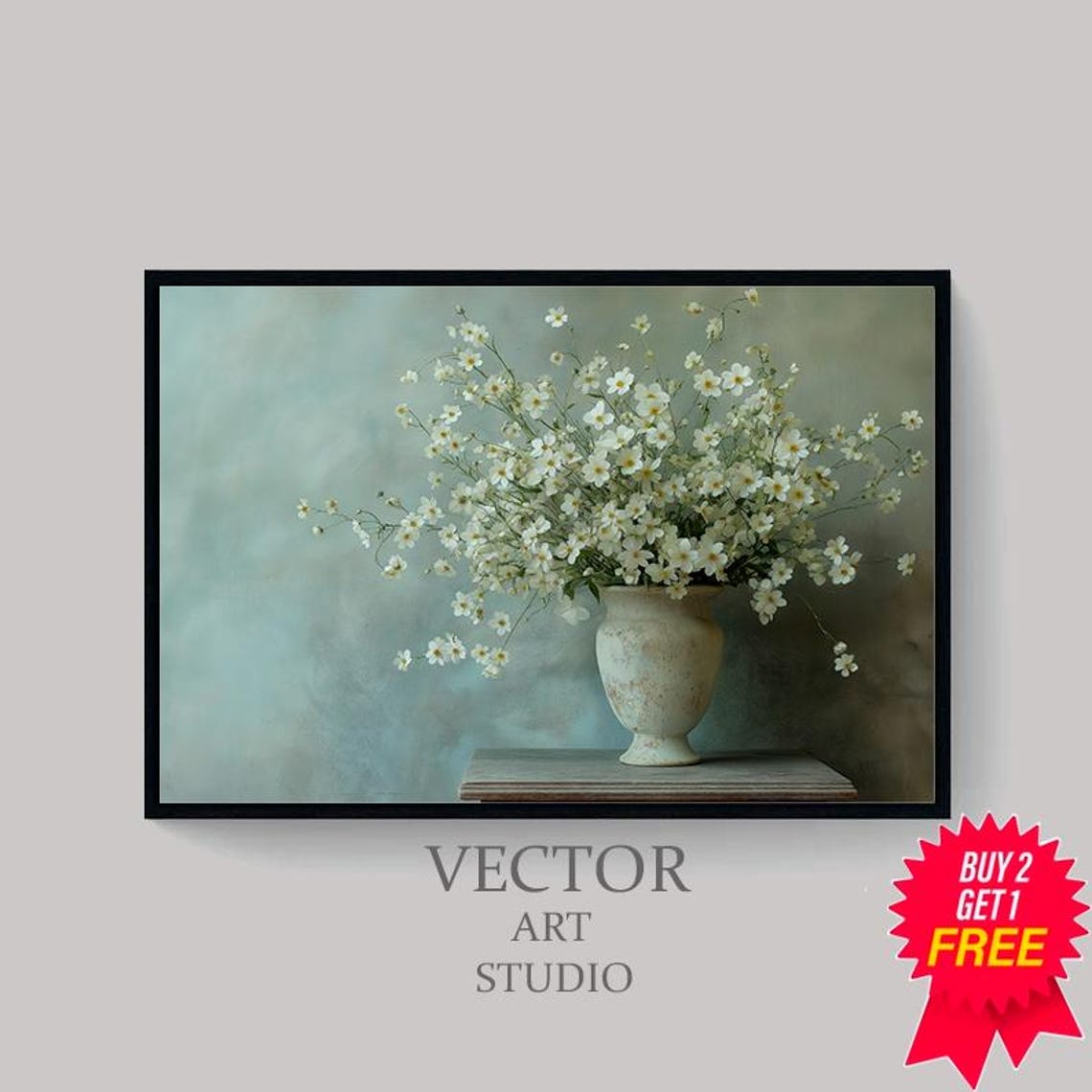 Delicate Tiny White Wildflowers In Aged Stone Vase Still Life Poster - Image 4