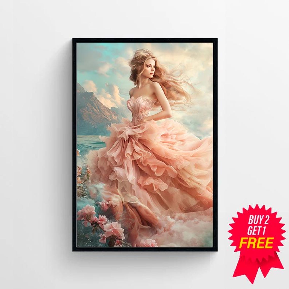 Beautiful Aphrodite Greek Goddess in Pink Gown by the Sea Art Poster - Image 4